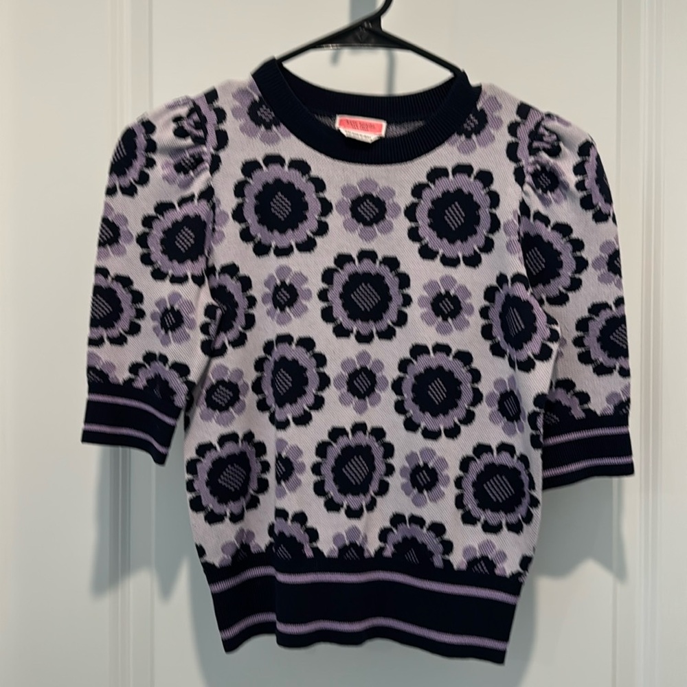 Kate Spade Purple Floral Short Sleeve Cropped Sweater, XXS